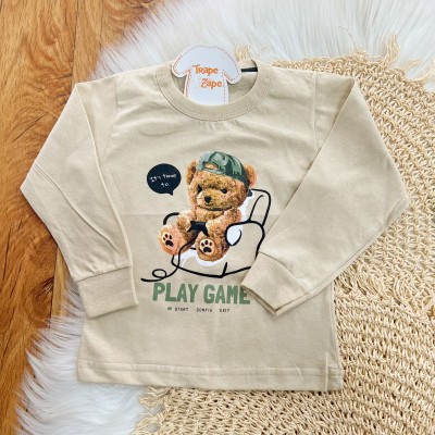Conj. Blusa Manga Longa Ursinho Play Game e Calça Saruel de Moletinho - Areia e Verde